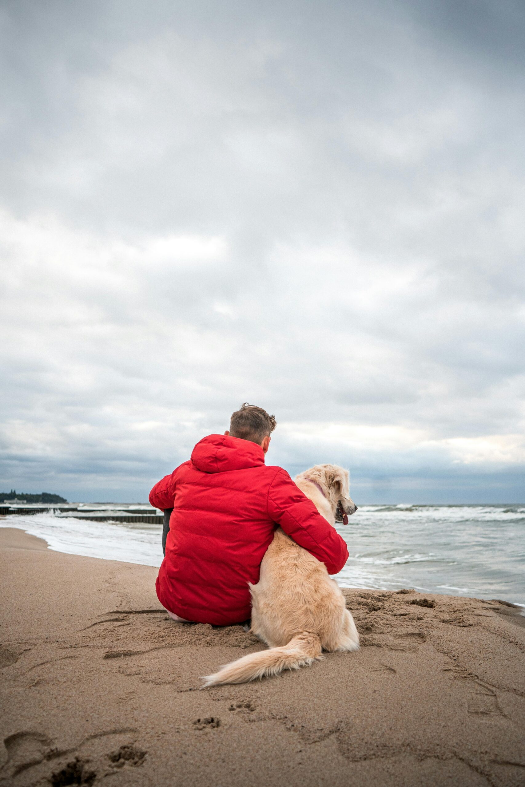 A man in a red puffer jacket hugs a Golden Retriever on a sandy beach by the sea.